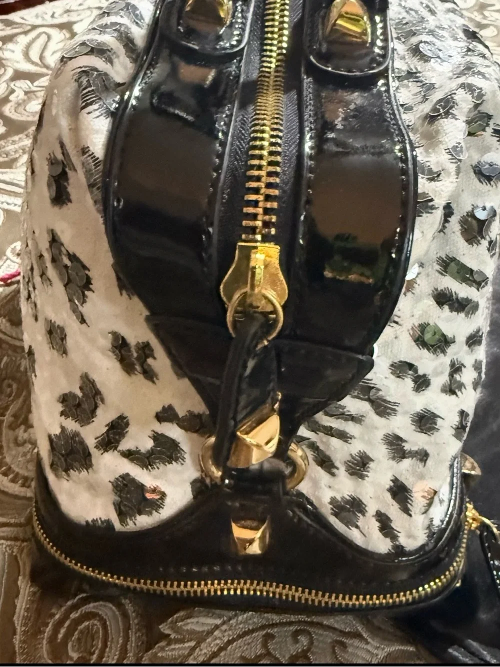 Betsey Johnson Black & White “Leopard Print Sequins” Satchel with Gold Hardwar